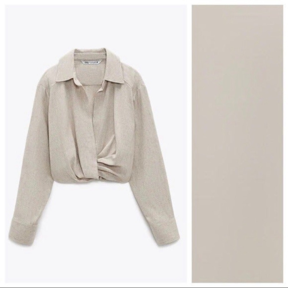 NWOT ZARA Collared Linen Crop Top Beige Size XS